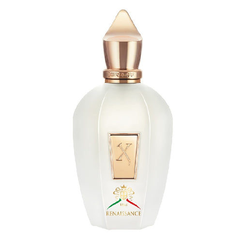 Perfume bottle with gold cap and 'The Renaissance' branding on a white background