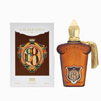 A Box and bottle of Casamorati Xerjoff 1888 Eau de Parfum with a brown tint and a gold-colored cap, featuring an ornate design with a tassel.