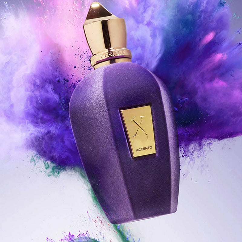 Purple perfume bottle with gold cap and label against a colorful abstract background