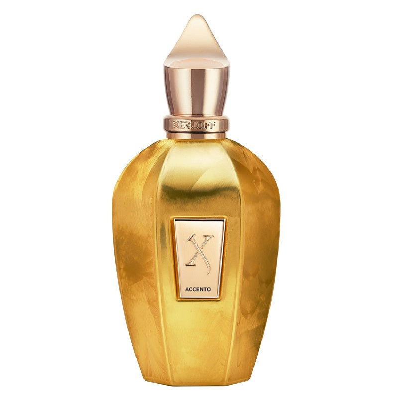Gold perfume bottle with a gold cap on a white background