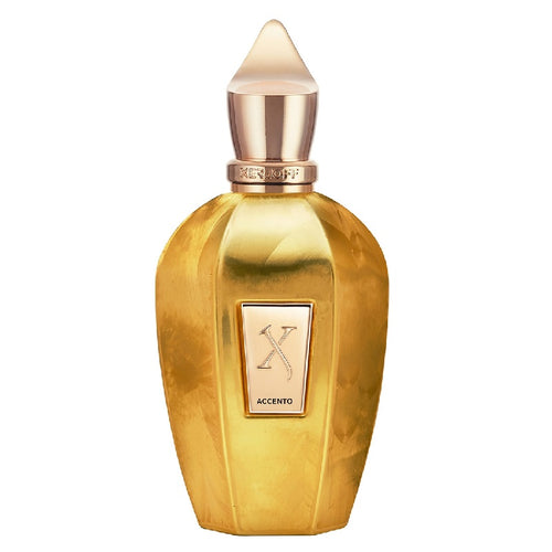 Gold perfume bottle with a gold cap on a white background