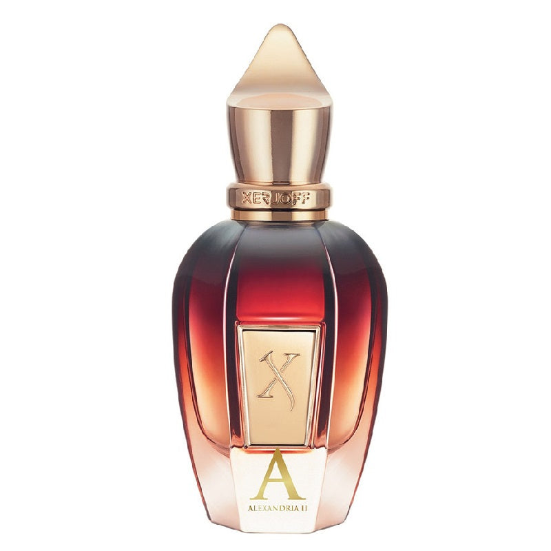 Perfume bottle with gold cap and detailed design on a white background