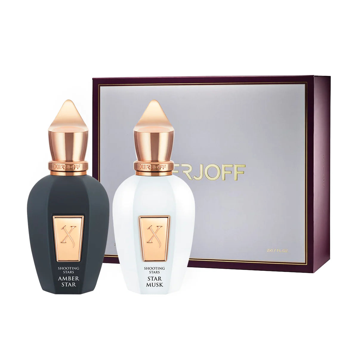 Two perfume bottles with gold caps and a branded box on a white background