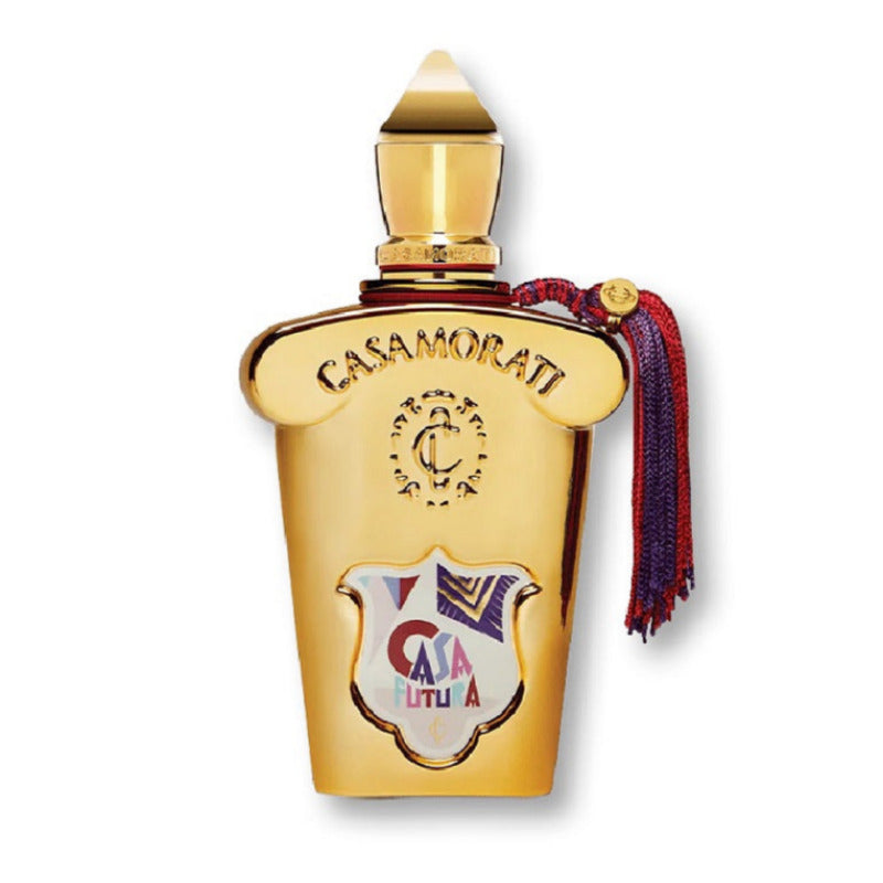 Gold Casamorati perfume bottle with decorative elements on a white background