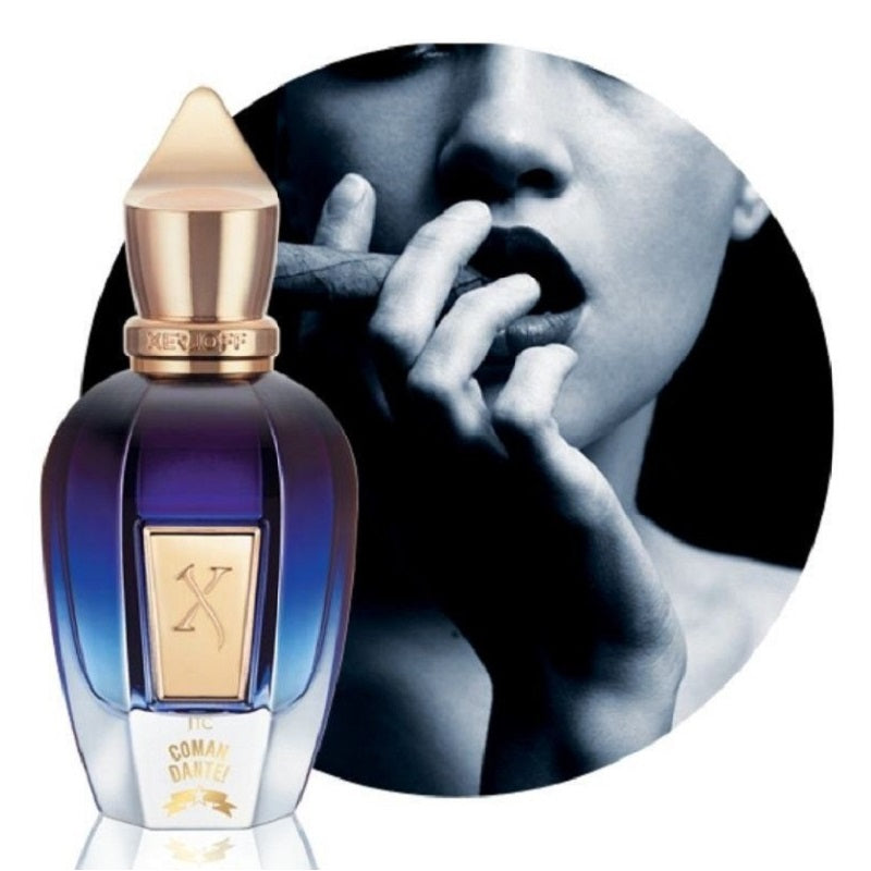 Perfume bottle with gold cap and label, black and white circular inset of a person with hand on face.