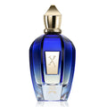 Blue perfume bottle with gold cap on a white background