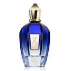 Blue perfume bottle with gold cap on a white background