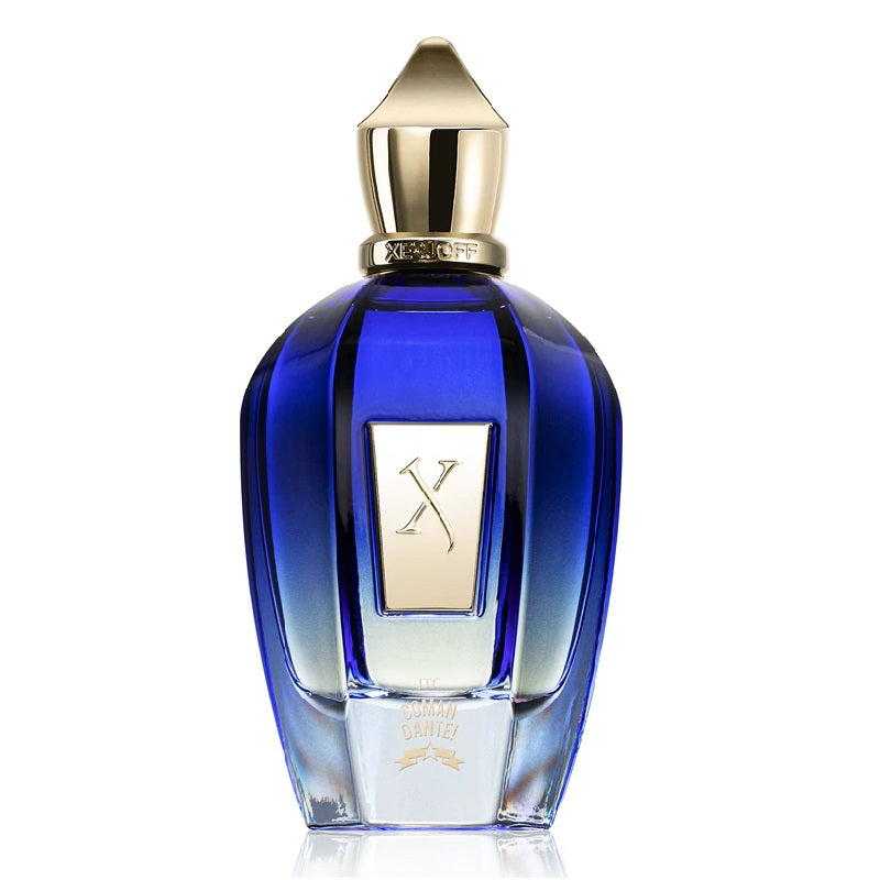 Blue perfume bottle with gold cap on a white background