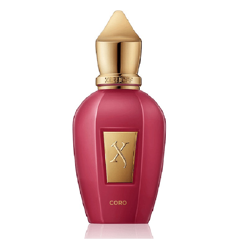 Pink perfume bottle with gold cap and logo on a white background