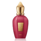 Pink perfume bottle with gold cap and logo on a white background