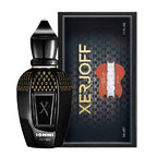 Black perfume bottle and packaging with 'Xerjoff' branding on a white background