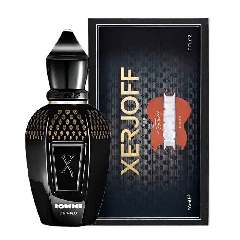 Black perfume bottle and packaging with 'Xerjoff' branding on a white background
