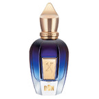 Perfume bottle with gold cap and label on a white background