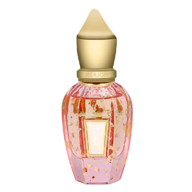 Perfume bottle with gold cap on a white background