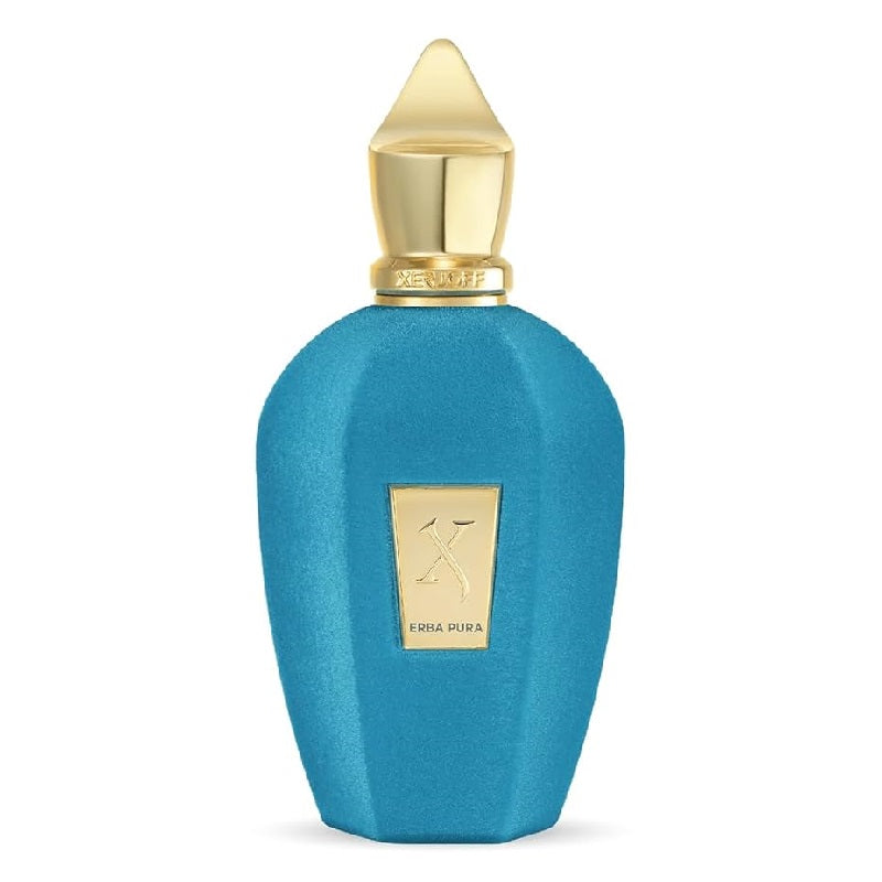 A blue textured perfume bottle with a gold cap and a gold label on the front, set against a plain white background.