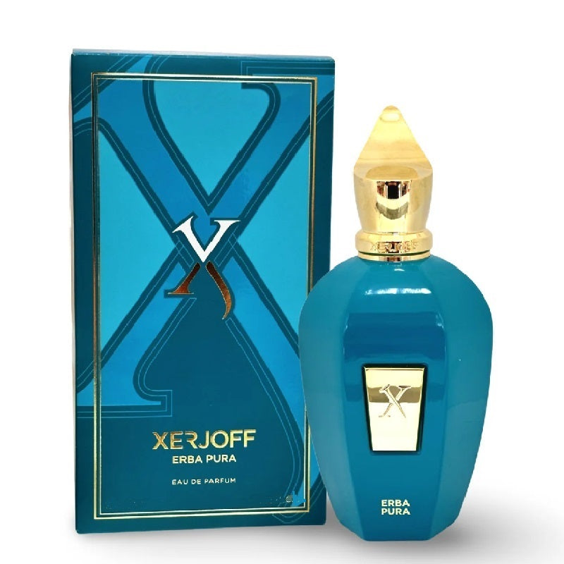 Blue Xerjoff Erba Pura perfume bottle and packaging on a white background