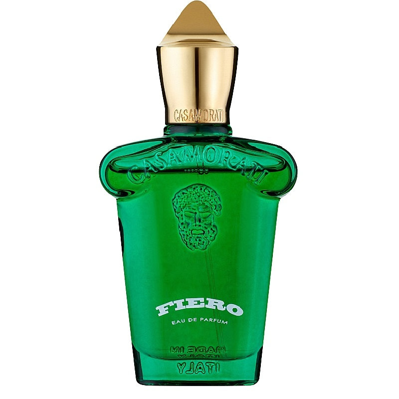 A green glass bottle of Casamorati Fiero Eau de Parfum by Xerjoff with a gold-colored cap.