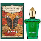 The product image shows the Casamorati Fiero Eau De Parfum by Xerjoff in a green colored bottle with a gold cap, alongside its packaging featuring two birds on a floral background.