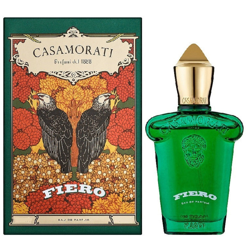 The product image shows the Casamorati Fiero Eau De Parfum by Xerjoff in a green colored bottle with a gold cap, alongside its packaging featuring two birds on a floral background.