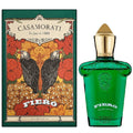 Casamorati Fiero Eau de Parfum shown with its green illustrated box and the transparent green perfume bottle with a gold cap on a white background.