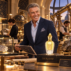 A smiling man in a navy suit stands in a luxurious antique-style shop, holding a brochure beside a Xerjoff perfume bottle displayed on a black marble pedestal.