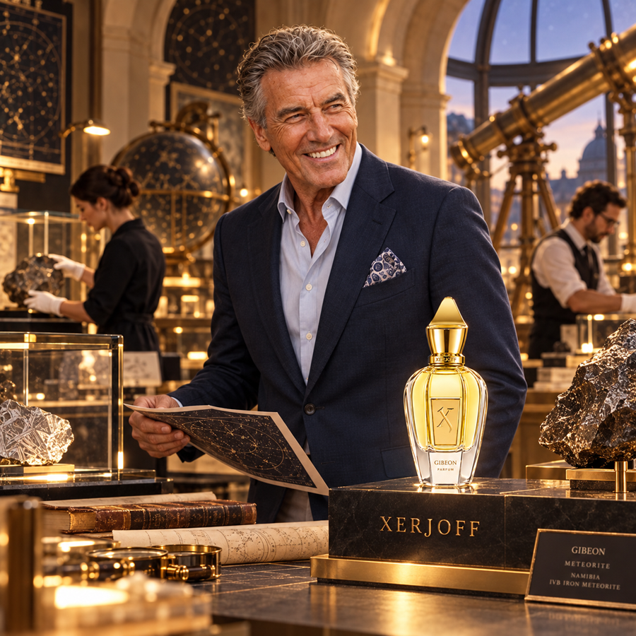 A smiling man in a navy suit stands in a luxurious antique-style shop, holding a brochure beside a Xerjoff perfume bottle displayed on a black marble pedestal.