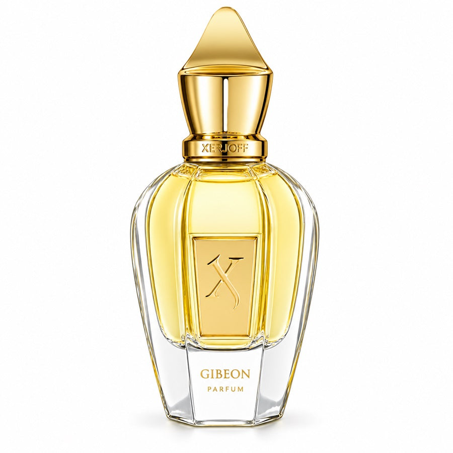 Gibeon Parfum luxury perfume bottle with a gold cap and golden liquid inside a clear faceted glass bottle, on a white background.