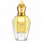 Gibeon Parfum luxury perfume bottle with a gold cap and golden liquid inside a clear faceted glass bottle, on a white background.