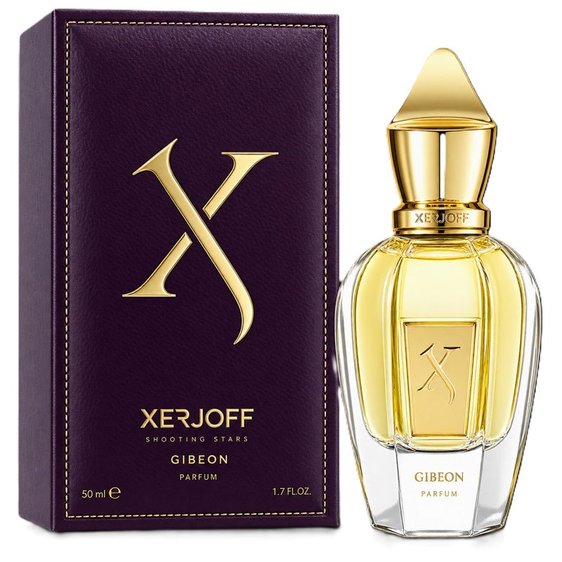 Xerjoff Shooting Stars Gibeon Parfum 50ml bottle with its dark purple box, both featuring gold lettering and a gold 'X' logo on a white background.