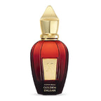 Perfume bottle with gold cap and label on a white background