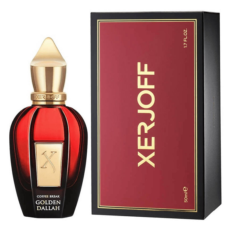 Xerjoff Golden Dallah perfume bottle and packaging on a white background