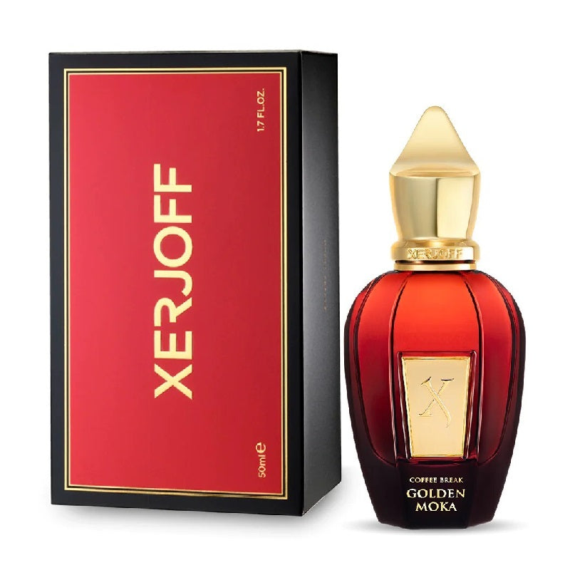 Xerjoff Golden Moka perfume bottle and packaging on a white background