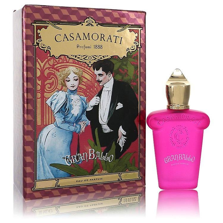 The product image shows a pink perfume bottle with a gold cap, alongside a box with an illustration of a man and a woman from the early 20th century.