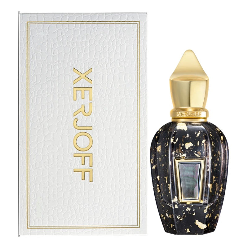 Xerjoff perfume bottle with gold cap and black packaging on a white background