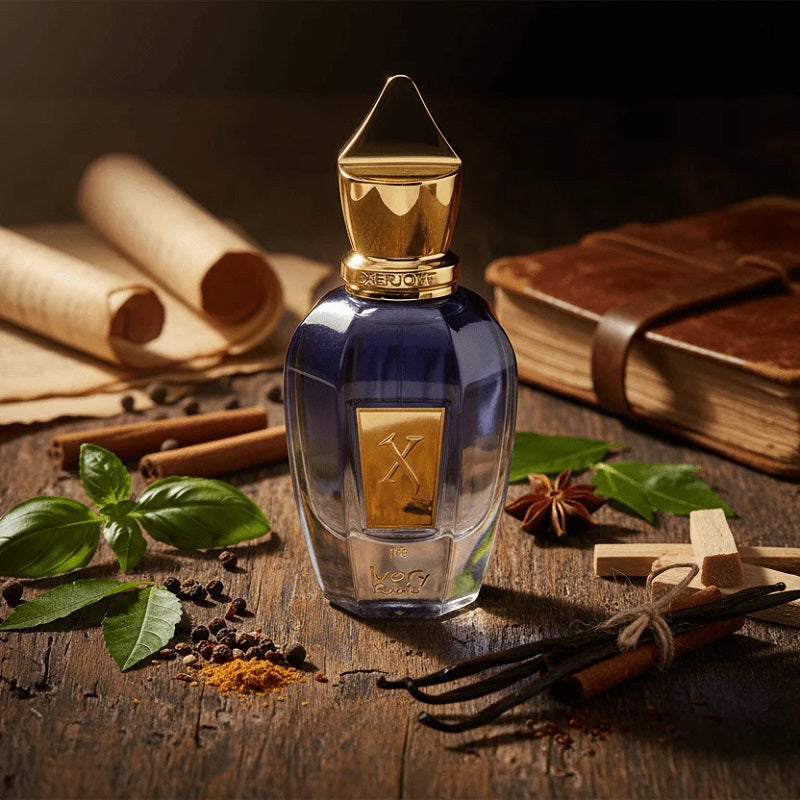 Perfume bottle with gold cap on a wooden surface with herbs and spices