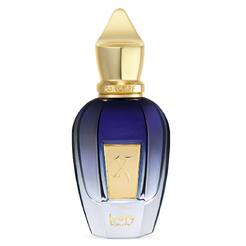 Perfume bottle with gold cap and label on a white background