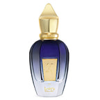 Perfume bottle with gold cap and label on a white background