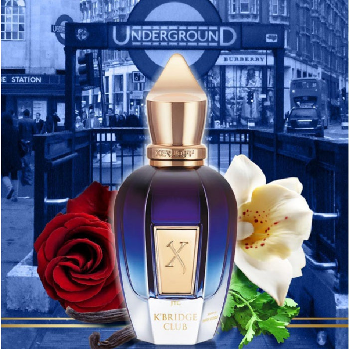 Perfume bottle with floral elements and London Underground station in the background