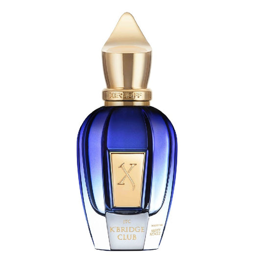 Blue perfume bottle with gold cap on a white background