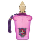 A purple bottle of Casamorati La Tosca Eau de Parfum by Xerjoff with a gold cap and a purple tassel on the side, featuring an illustration of a woman on the label.