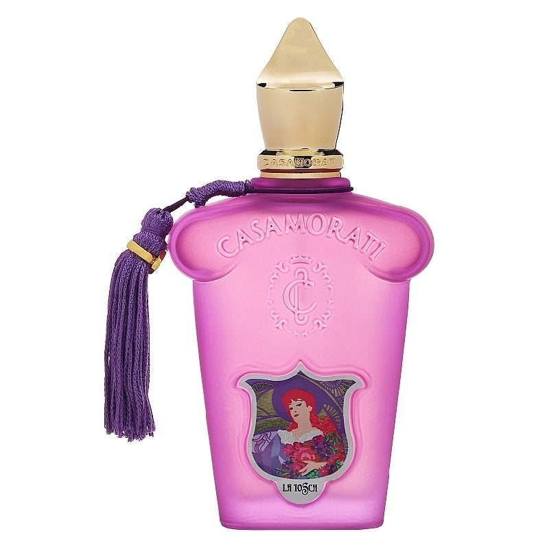 A purple bottle of Casamorati La Tosca Eau de Parfum by Xerjoff with a gold cap and a purple tassel on the side, featuring an illustration of a woman on the label.