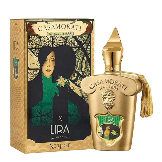 A product image featuring Casamorati Lira Eau de Parfum by Xerjoff, with a gold colored bottle and packaging, depicting an illustration of a woman's face.
