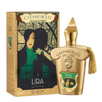 A product image featuring Casamorati Lira Eau de Parfum by Xerjoff, with a gold colored bottle and packaging, depicting an illustration of a woman's face.