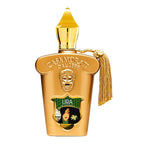 A glass bottle of Casamorati Lira Eau de Parfum by Xerjoff with a gold-colored label and a tassel on the cap.