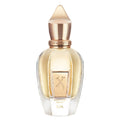 Perfume bottle with gold cap and clear body on a white background