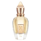 Perfume bottle with gold cap and clear body on a white background
