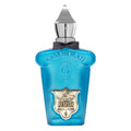 A blue glass bottle of Casamorati Mefisto Gentiluomo Eau de Parfum by Xerjoff with a silver cap and a gold emblem on the label.