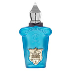 A blue glass bottle of Casamorati Mefisto Gentiluomo Eau de Parfum by Xerjoff with a silver cap and a gold emblem on the label.