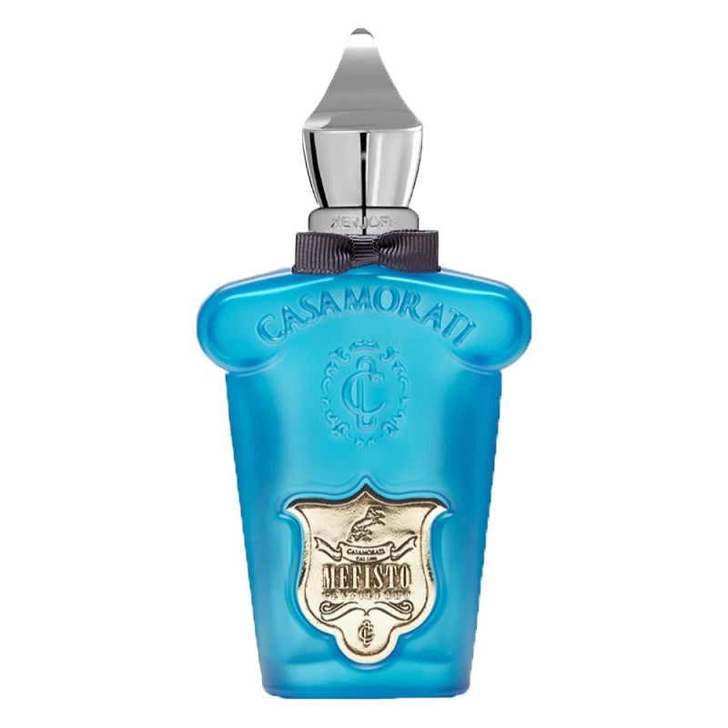 A blue glass bottle of Casamorati Mefisto Gentiluomo Eau de Parfum by Xerjoff with a silver cap and a gold emblem on the label.