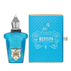 A product image featuring a blue bottle of Casamorati Mefisto Gentiluomo Eau de Parfum by Xerjoff, alongside its blue packaging with decorative text and illustrations.
